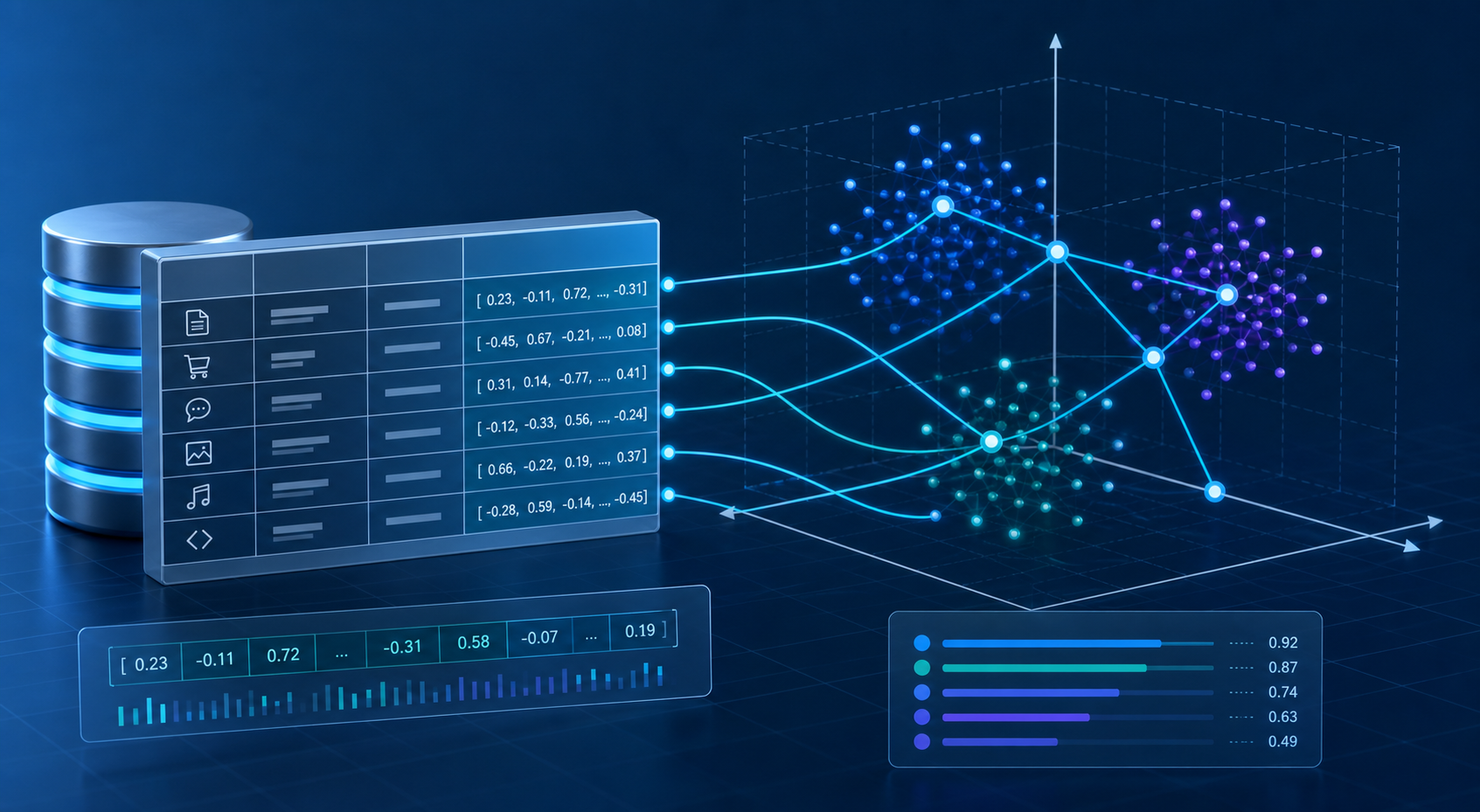 Technical illustration of vector embeddings and similarity search in Db2