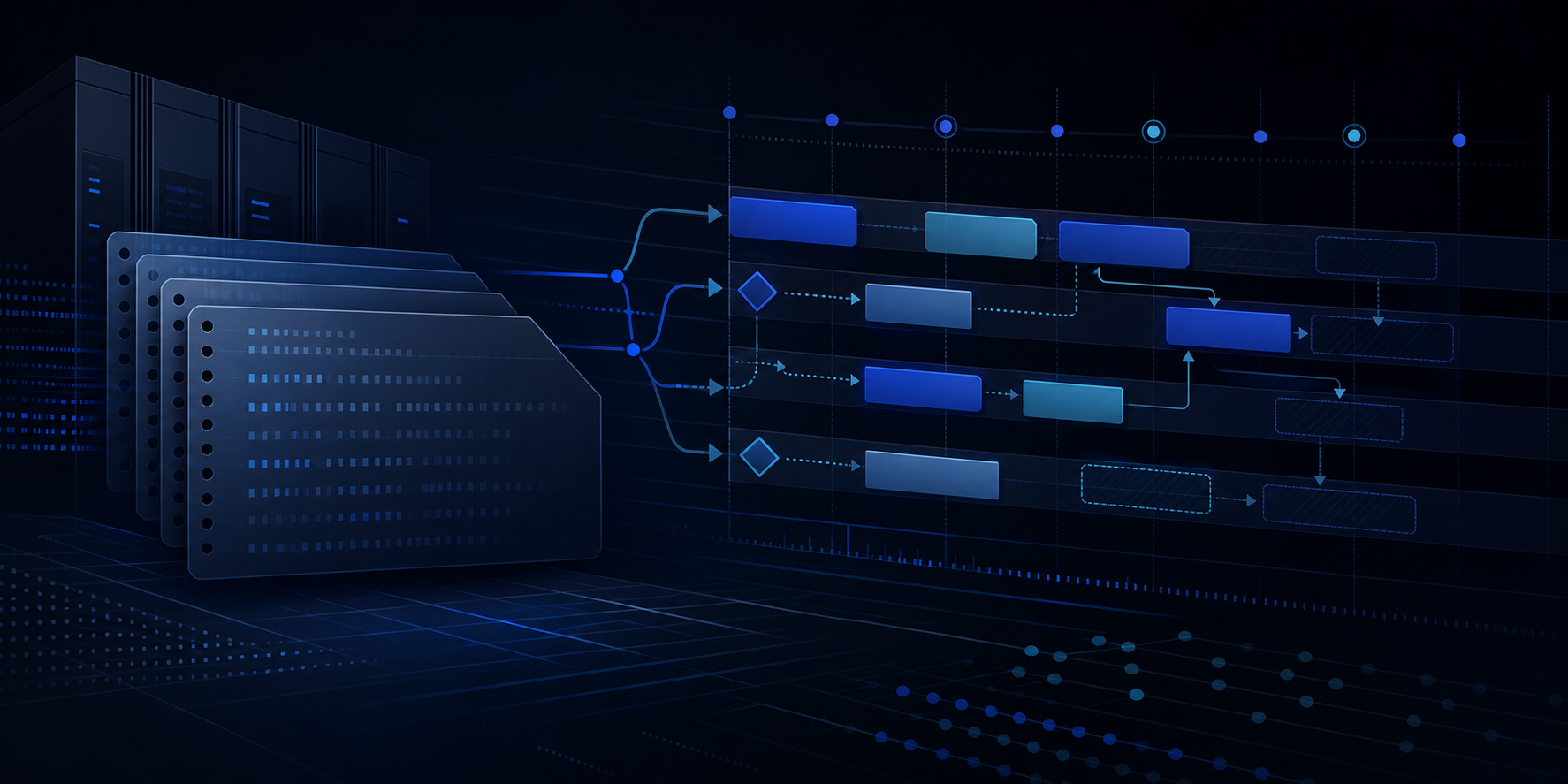 Dark abstract z/OS operations background with JES2 scheduling and dependency lanes