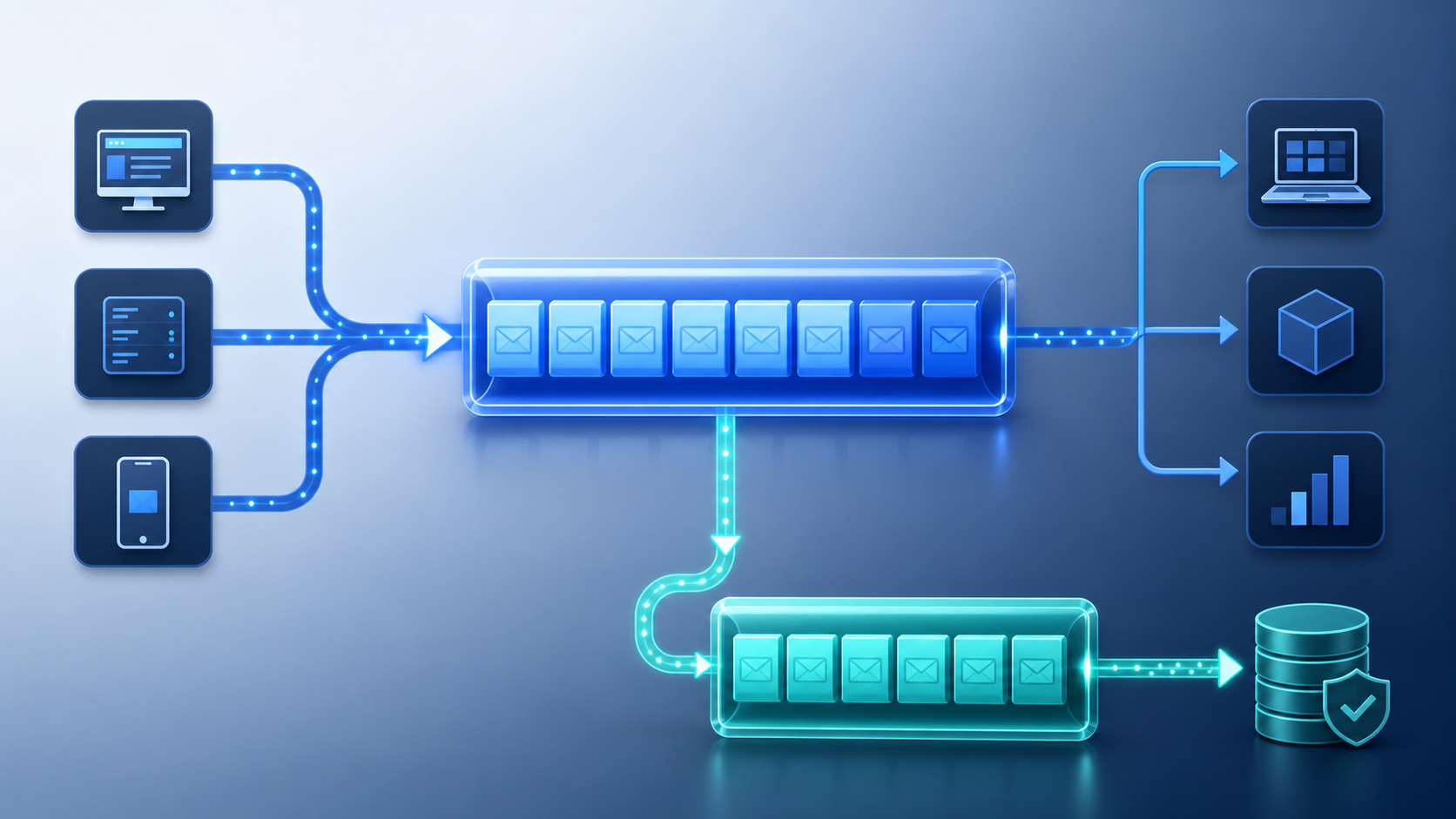 Technical illustration of IBM MQ duplicating messages from one queue to a second history queue