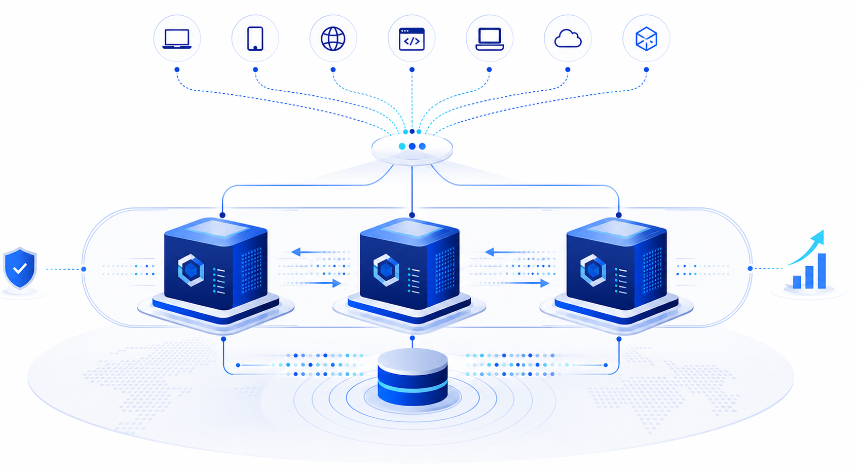 Technical illustration of three IBM MQ queue managers balancing client connections as one uniform cluster