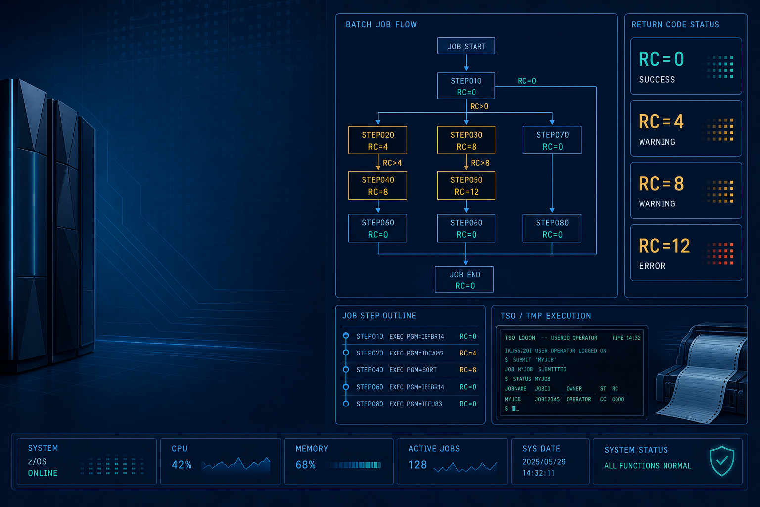 Abstract technical illustration representing z/OS return-code flow across JCL, TMP processing, and batch control